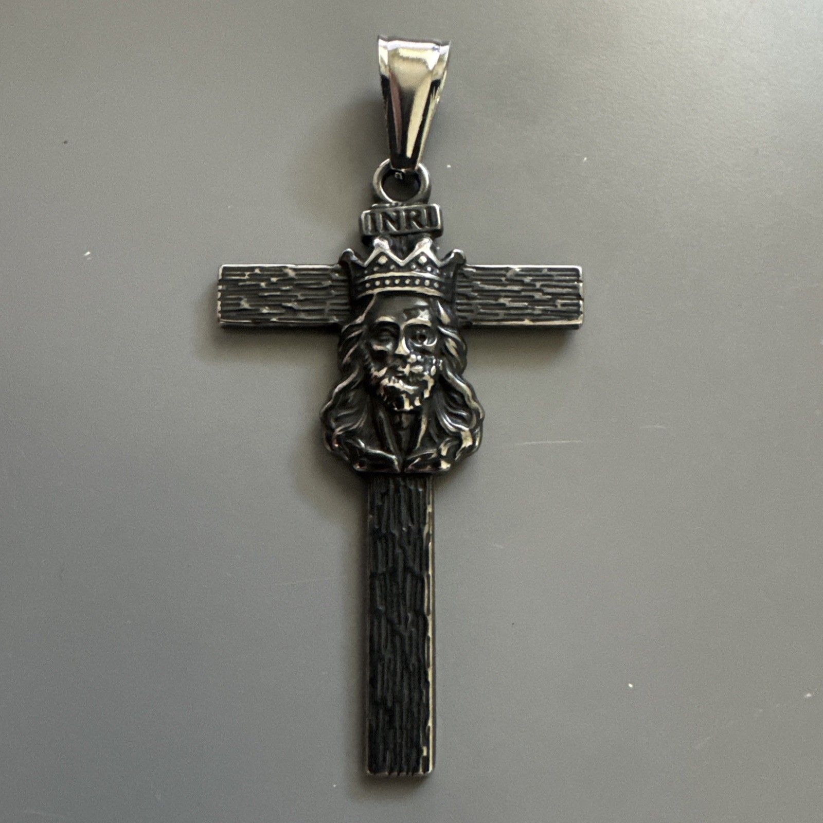Dark Metal Cross Jesus King Pendant Stainless Steel 24 Inch Chain “Inri” Gift